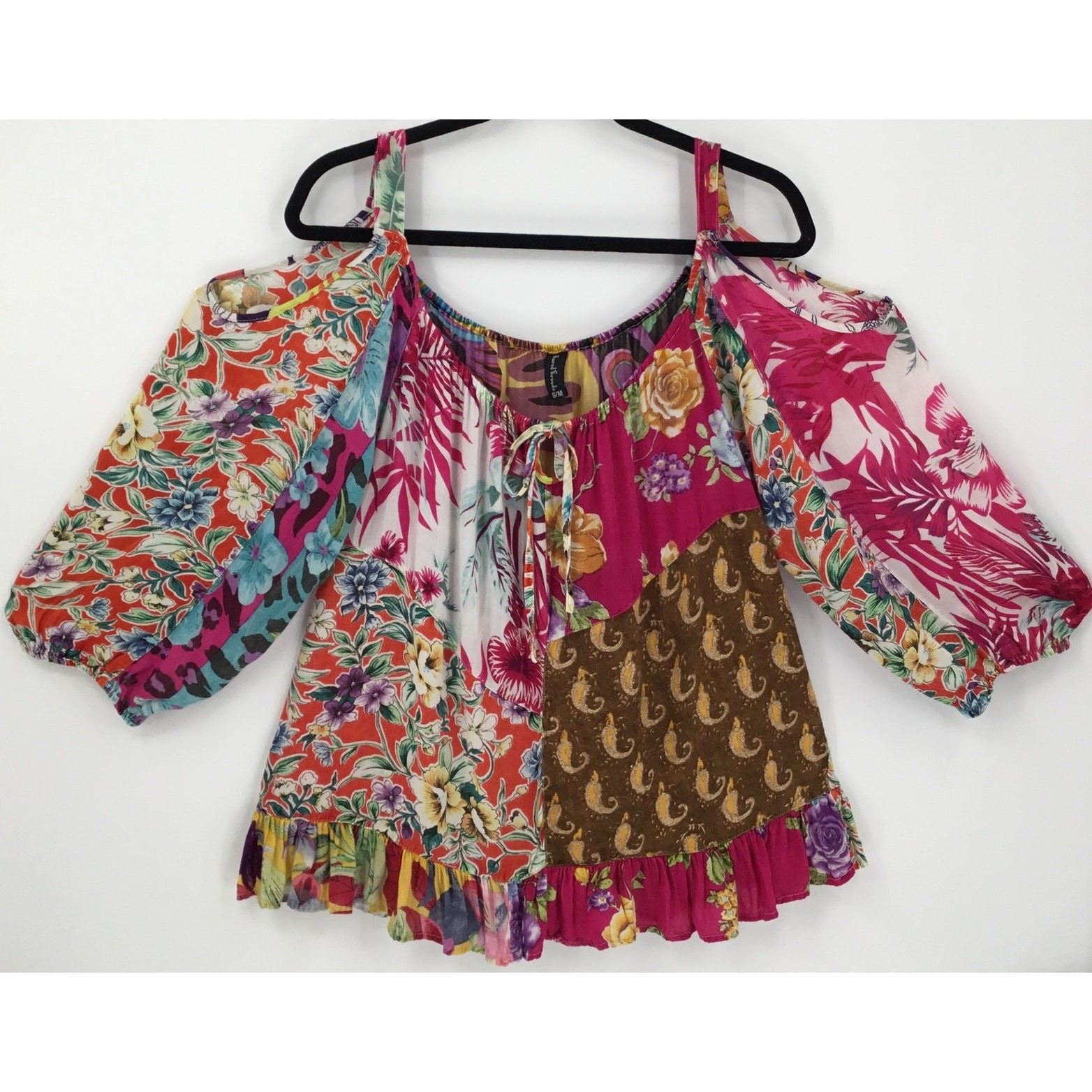 Sacred Threads Boho Patchwork Cold Shoulder Top Floral Rayon Women S/M India