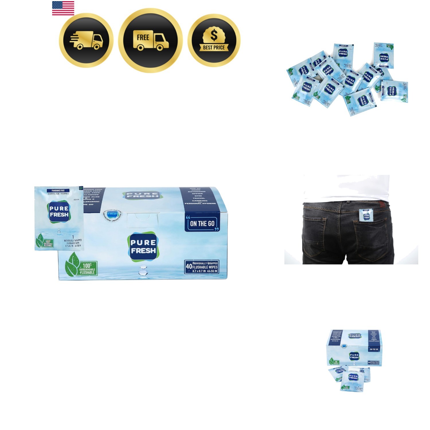 PureFresh Wet Wipes Flushable Individually Wrapped for Travel 40 Singles