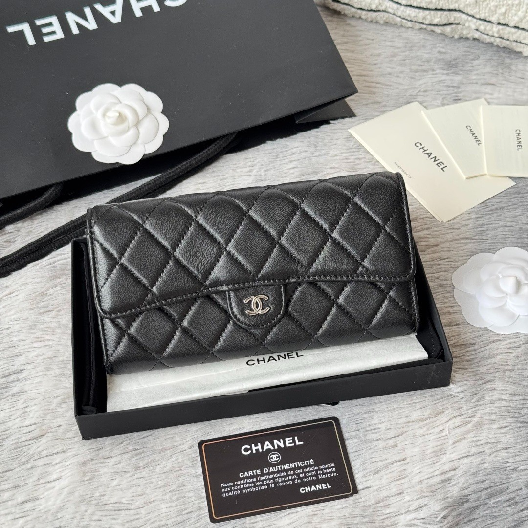 CC CH@NEL Classic Long Flap Wallet A80758 Black Caviar Leather Silver HW 7.5