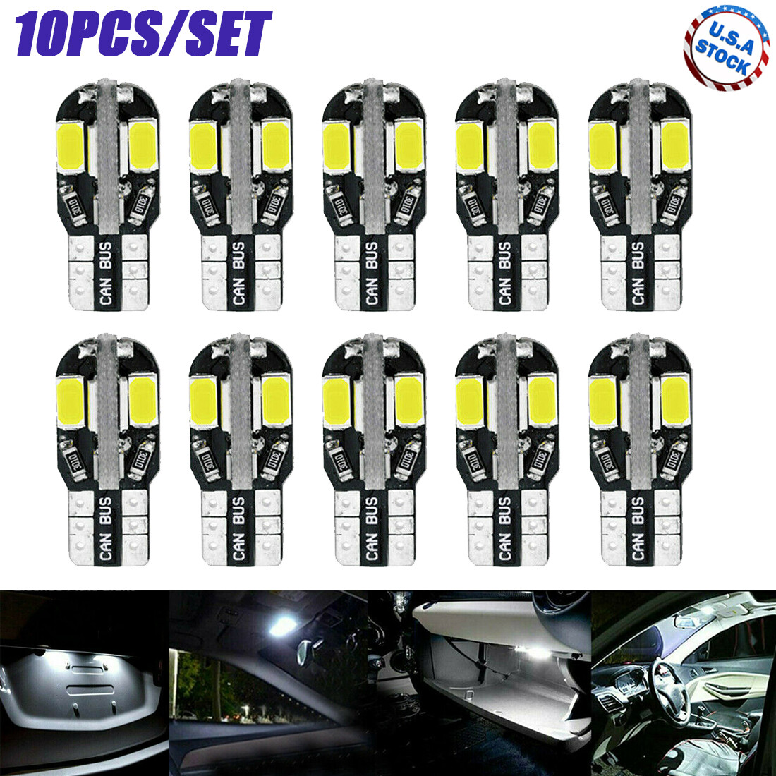 10pcs LED T10 194 168 W5W Canbus White Dome License Side Marker Light Bulb 6000K