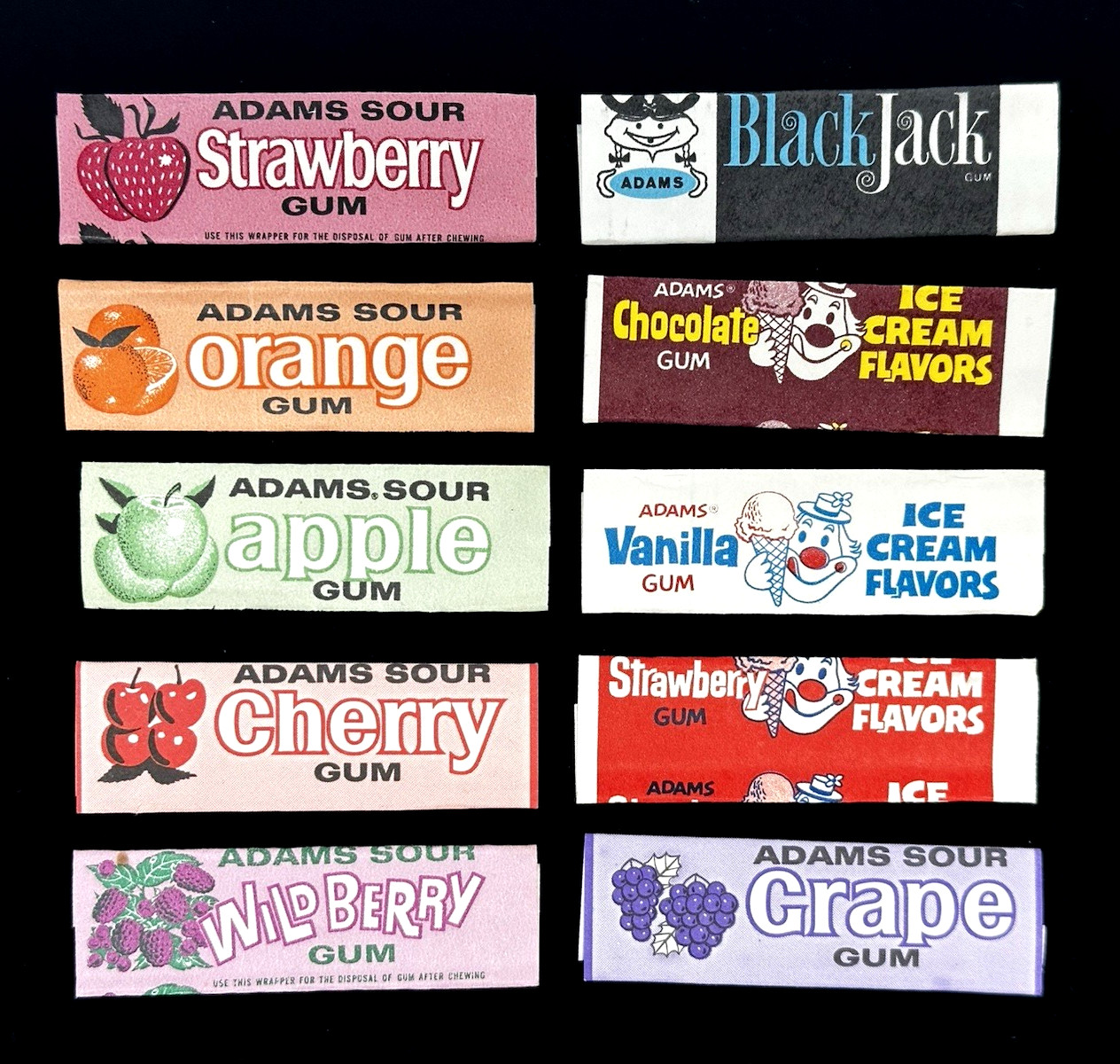 Lot of 10 Vintage Adams Gum Wrappers ~ Blackjack Ice Cream Wild Berry Grape