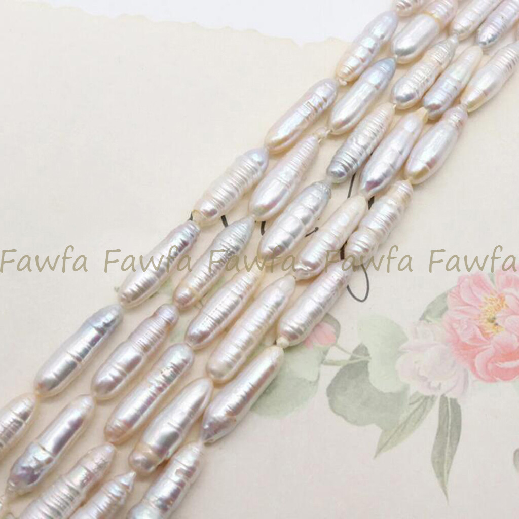 Natural 6x26mm Unique White Freshwater Baroque Long Biwa Pearl Loose Beads 15\'\'