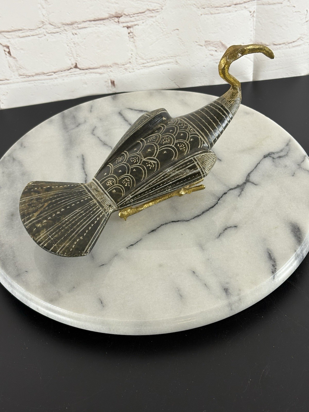 Vtg Egyptian Ibis Bird Carving Hand Crafted Soapstone & Brass 10” Long