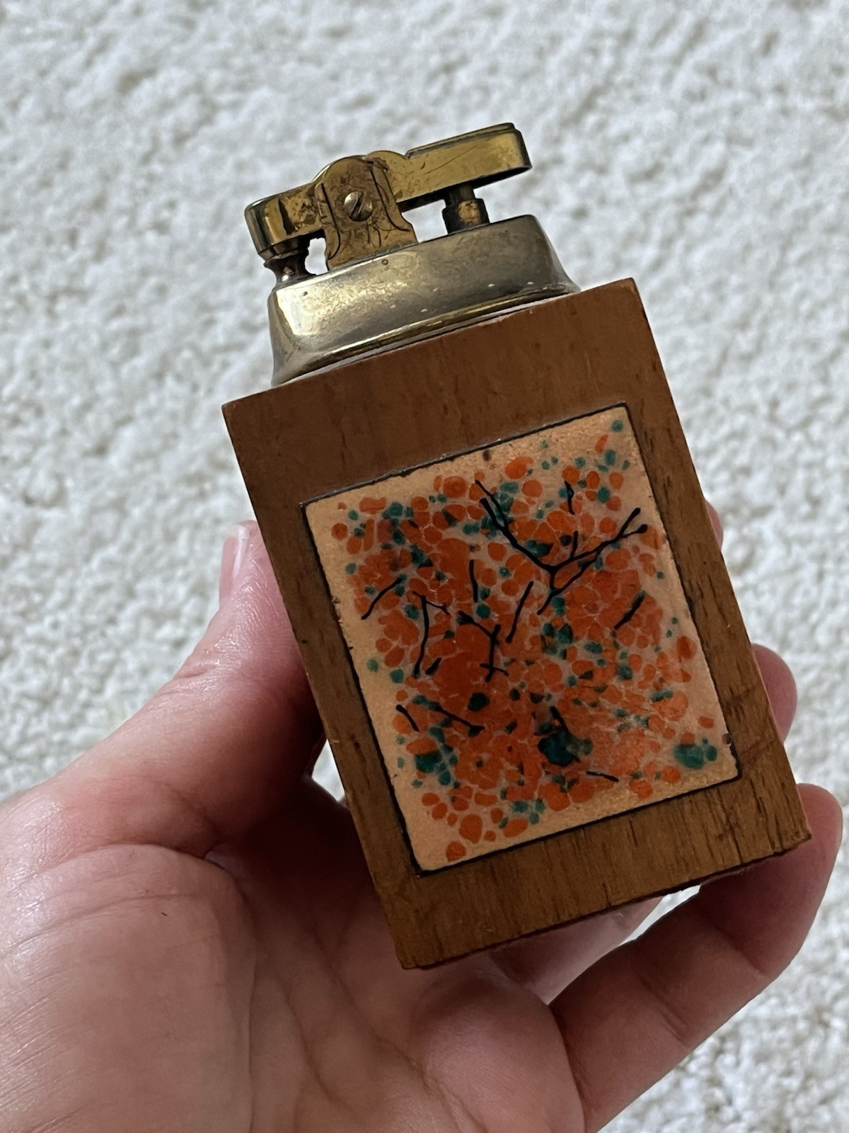 Vintage MCM Rothschild Bros Table Lighter Wood Enamel Tile 1950s 60s Untested