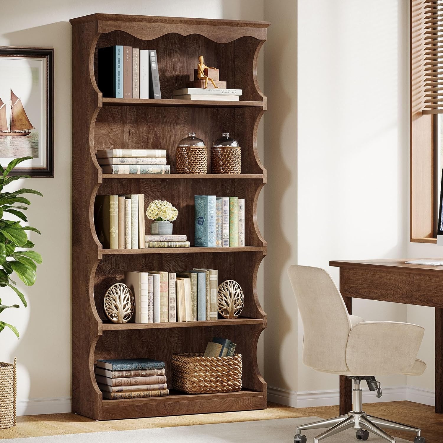 5-Tier Tall Bookcase 70-Inch Wooden Open Bookshelf Free-Standing Display Shelves