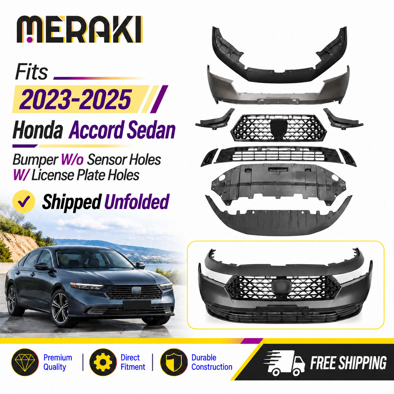 Fits 2023-2025 Honda Accord Sedan Front Bumper Cover Set Without Sensor Holes