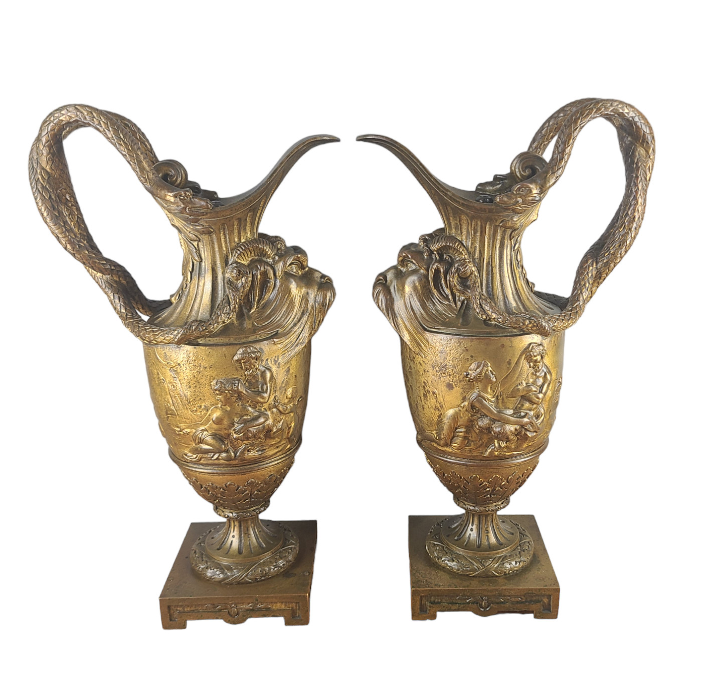 ANTIQUE PAIR BRONZE MYTHOLOGICAL FIGURAL EWER URNS SNAKE HANDLES PAN MAIDENS