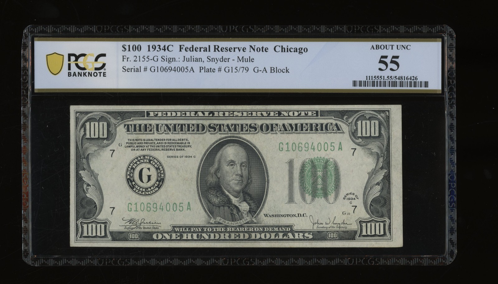 DBR 1934-C $100 Chicago Mule Fr. 2155-Gm PCGS-B 55 Serial G10694005A