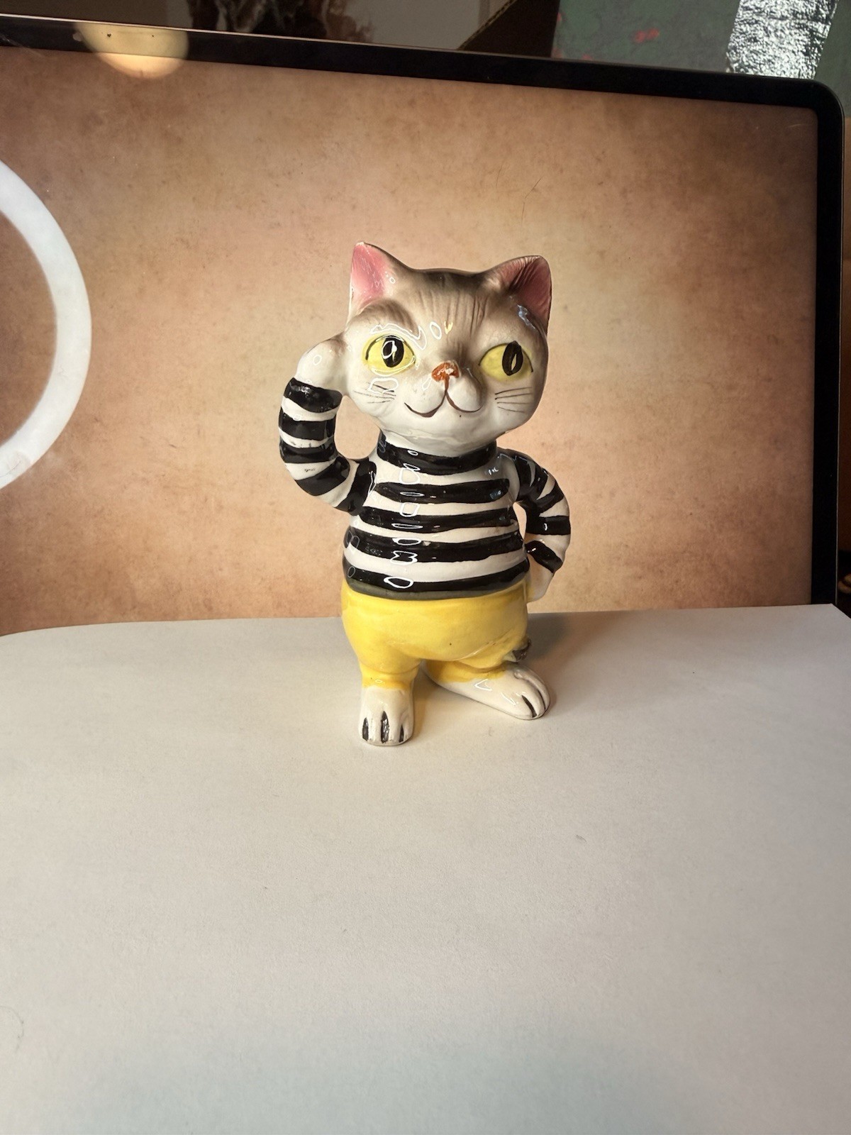 Funny Vintage Kreiss Cat Figurine Striped Shirt Yellow Pants Quirky Kitten 3.75” Funny Vintage Kreiss Cat Figurine Striped Shirt Yellow Pants Quirky Kitten 3.75”