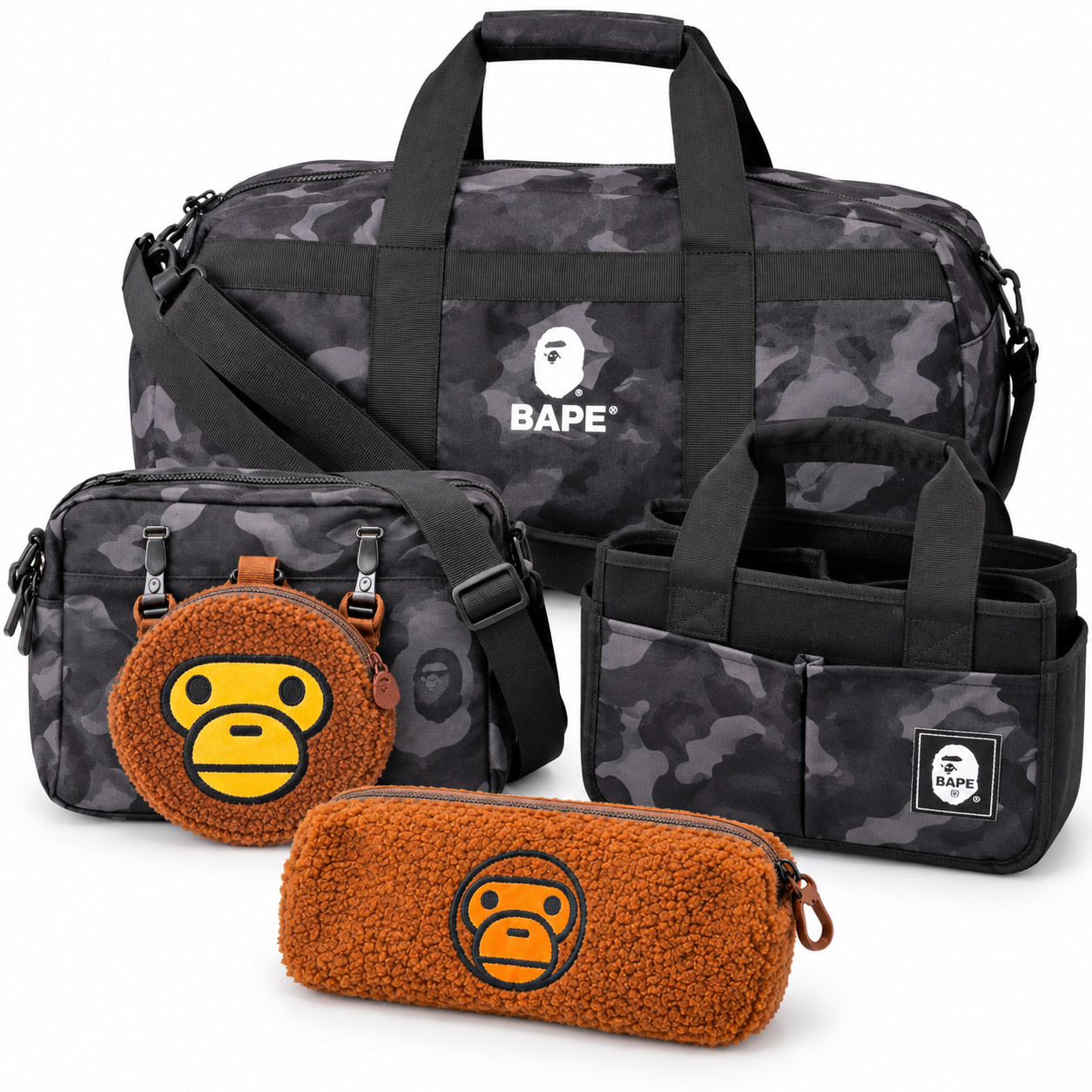 A BATHING APE BAPE 3-Piece Bag Set – Camo Duffel / Crossbody / Utility Tote