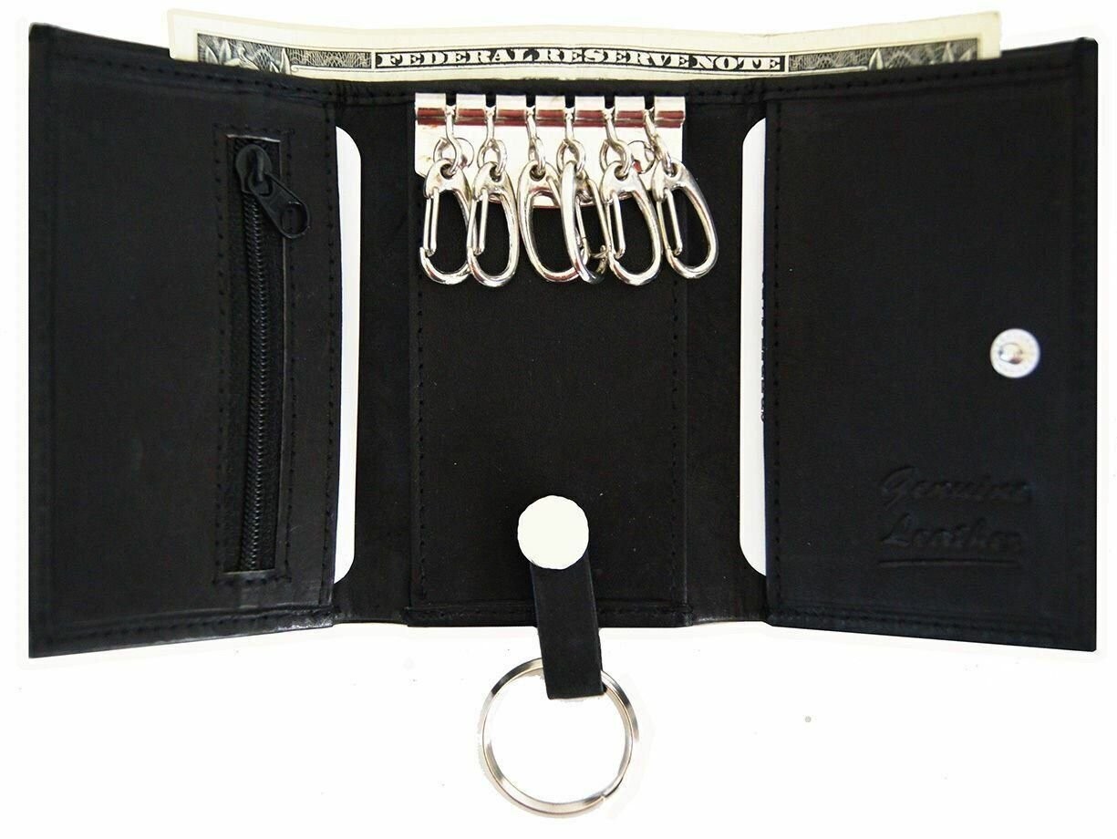 Genuine Leather Men\'s Key Holder Accessory Easy 6 + Key Chain Wallet Case Black