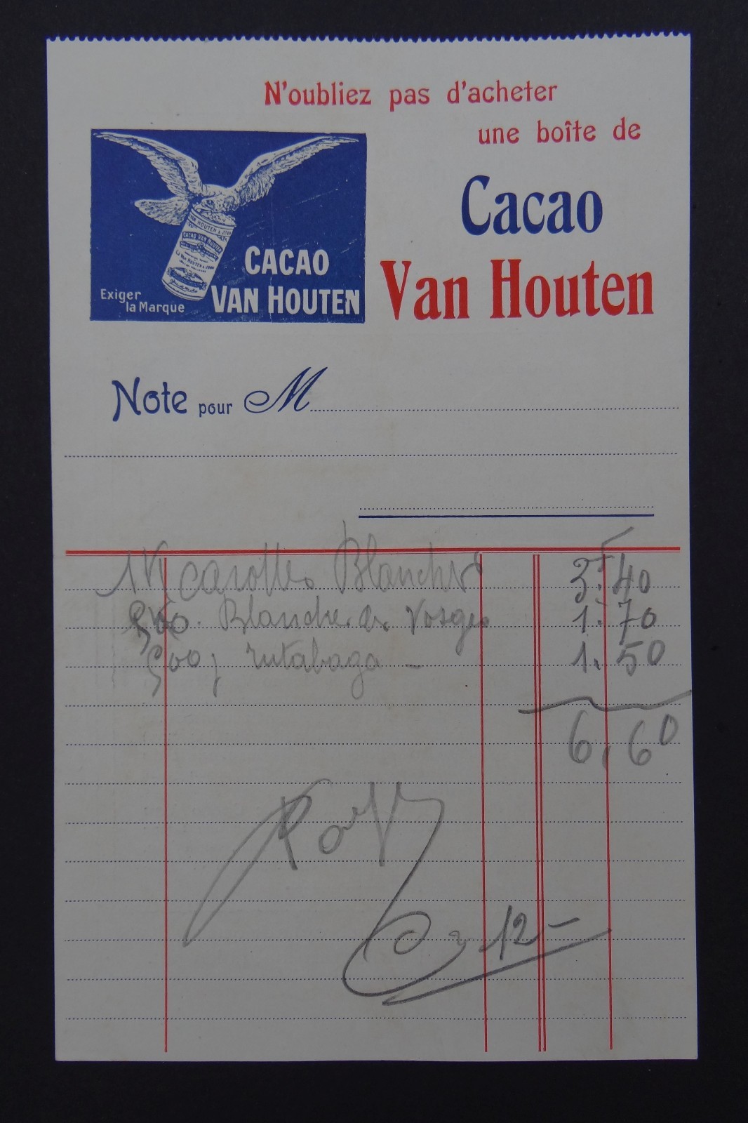Invoice CACAO VAN HOUTEN 1910 old bill invoice Invoice CACAO VAN HOUTEN 1910 old bill invoice