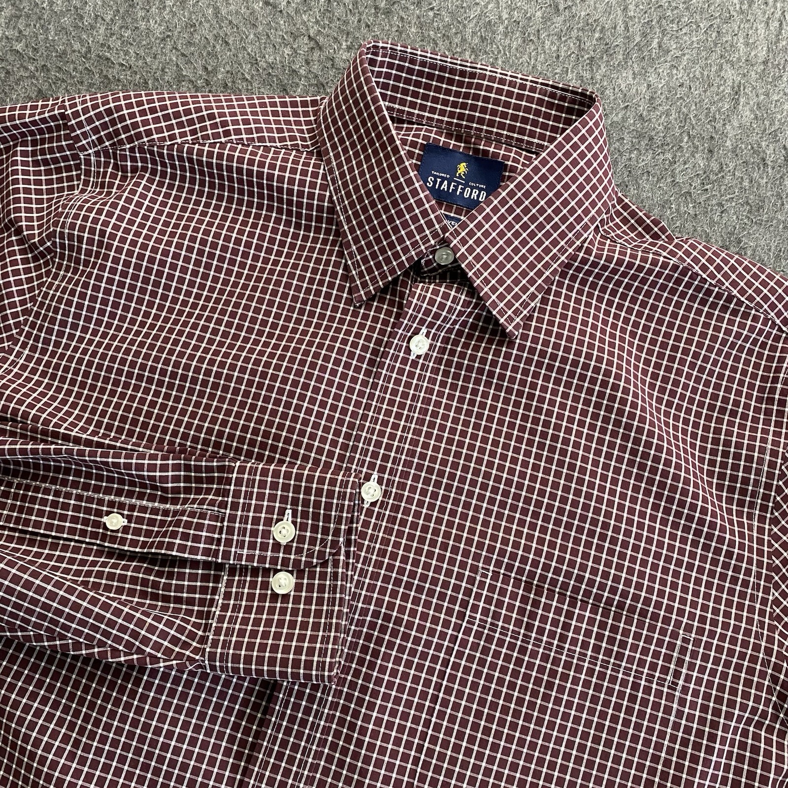 Stafford Performance Super Shirt Mens 15.5 32-33 Maroon Check Travel Button Up