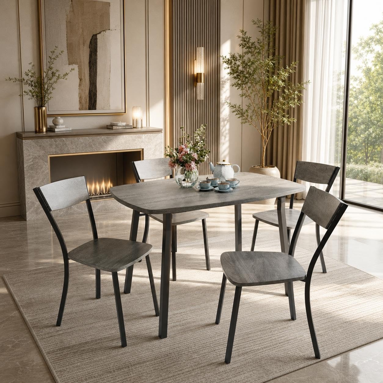 Modern 5-Piece Dining Table Set for 4-6 with Trapezoid Chairs, MDF, Space-Saving