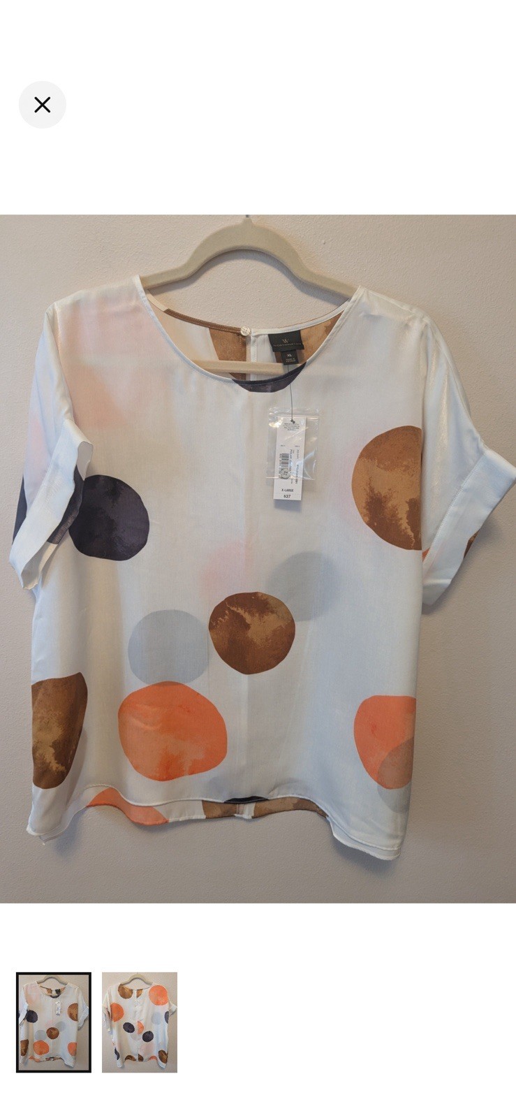 NWT Worthington Satin Blouse Size L Short Sleeve Abstract Polka Dot Crewneck