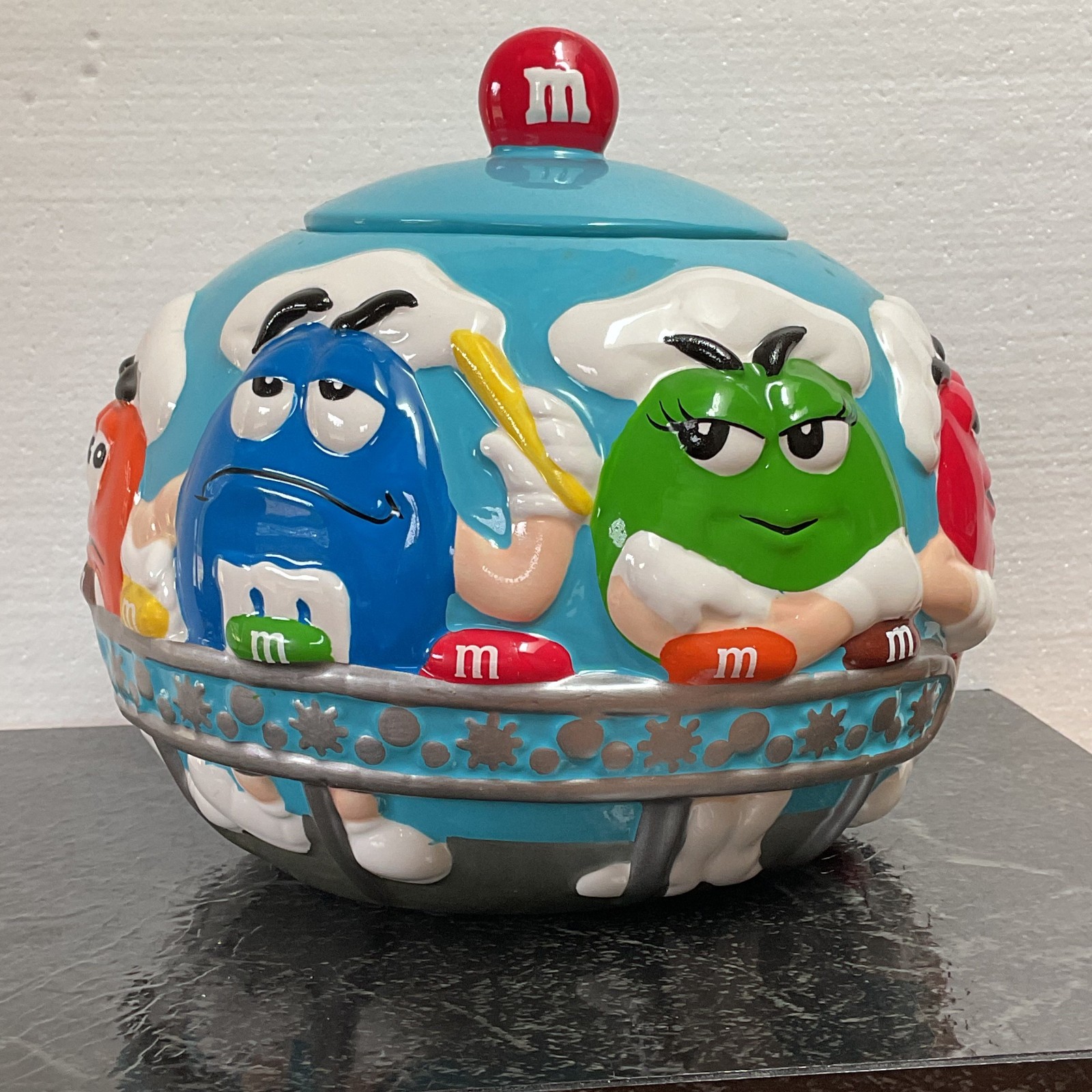 Vintage 2002 M&M\'s Blue Bakery Chef Baker Ceramic Cookie Jar Candy Jar 7.5\