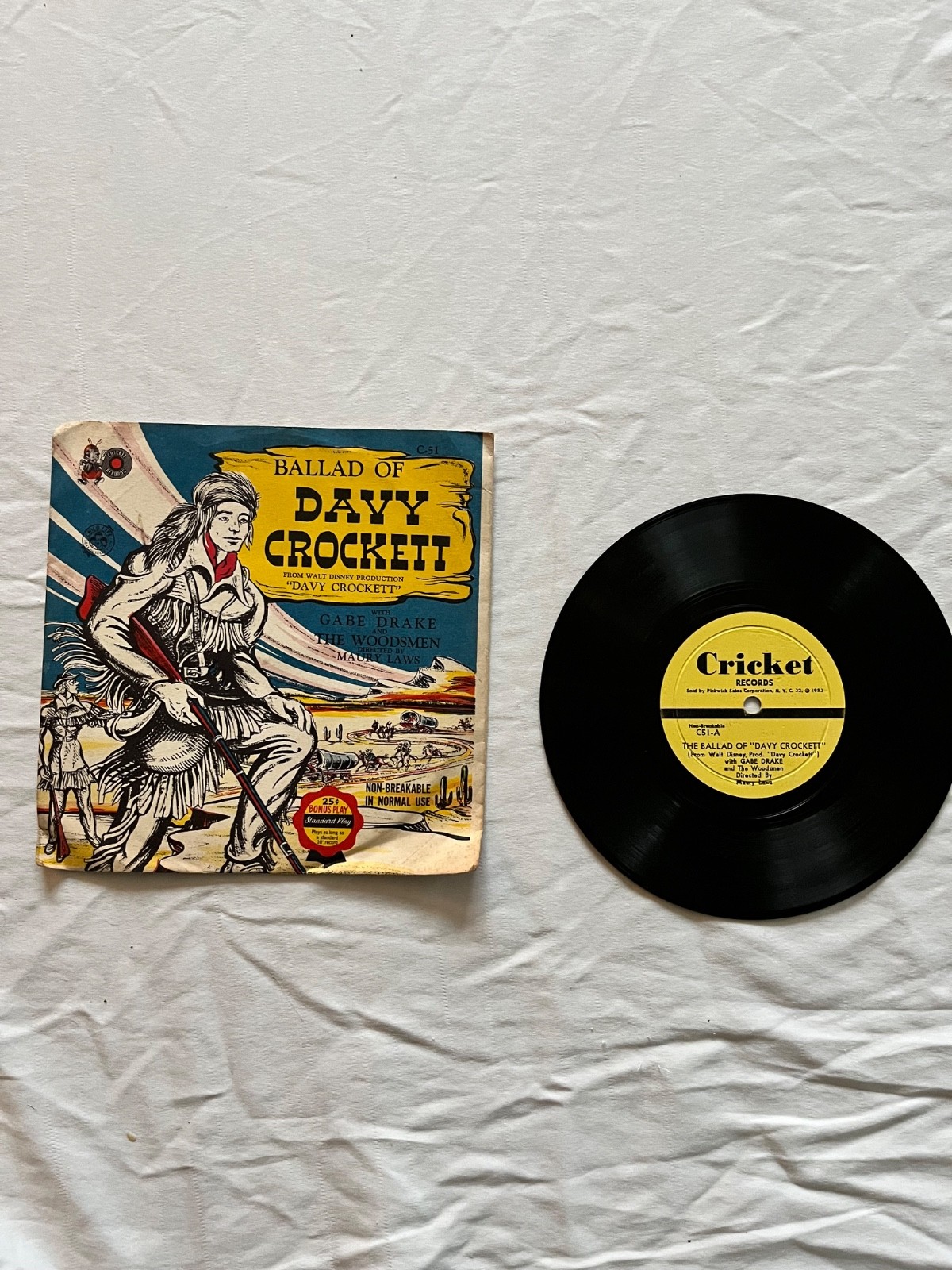 Vintage 1950s Davy Crockett 78 RPM Record Picture Sleeve Disney Cricket C51 Gabe