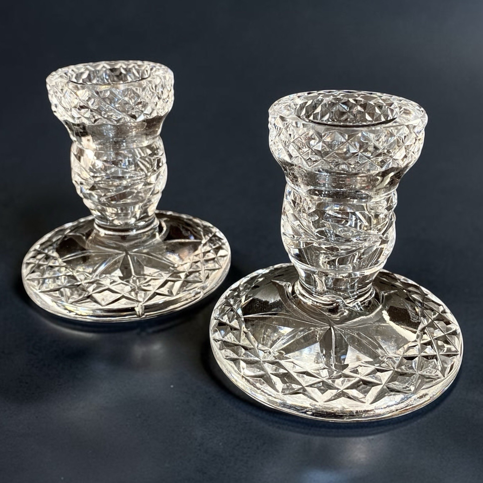 2 WATERFORD CRYSTAL Glandore Short Candlestick Holders Ornate Cut Crystal