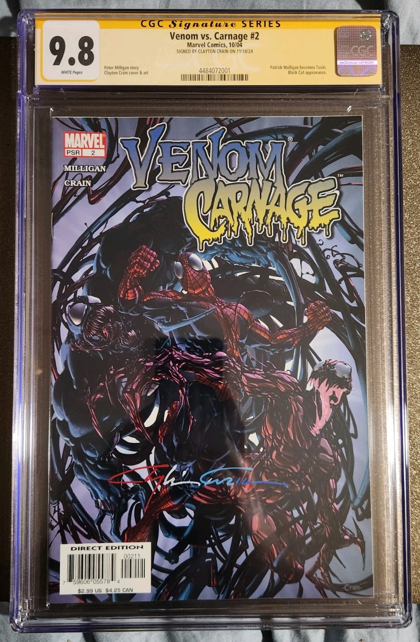 Venom Vs Carnage #2 Marvel Comics 9.8 CGC White Pages Signed  Clayton Crain