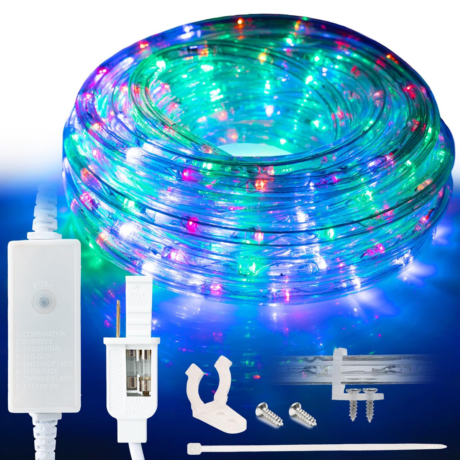 Colorful 8-Mode LED Outdoor Waterproof Rope Light 10\' 25\' 50\' 100\' 150\' 300\' ft