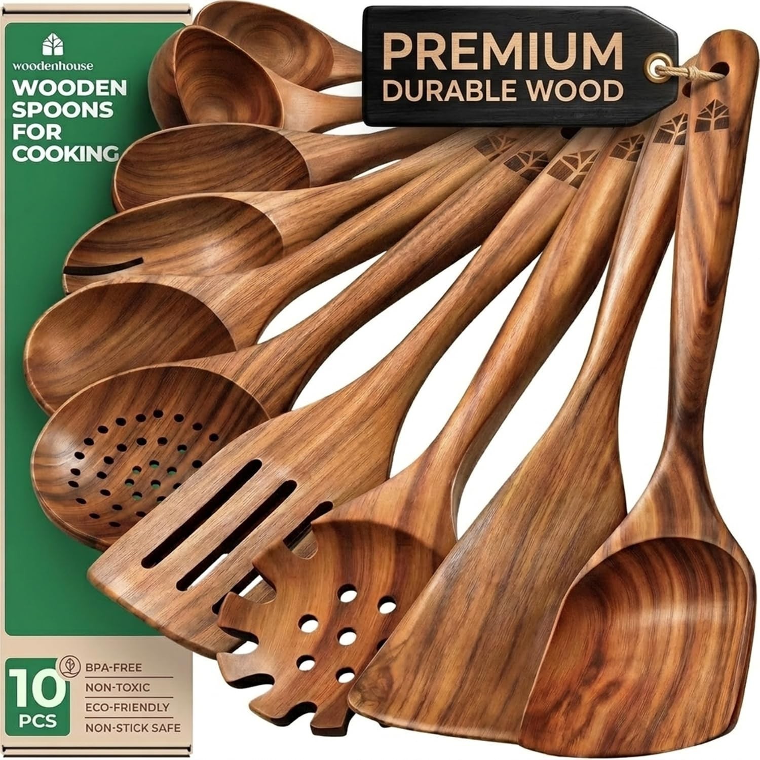 10 Pcs Non-Toxic Teak Wooden Cooking Spoons Set - Eco-Friendly Kitchen Utensils