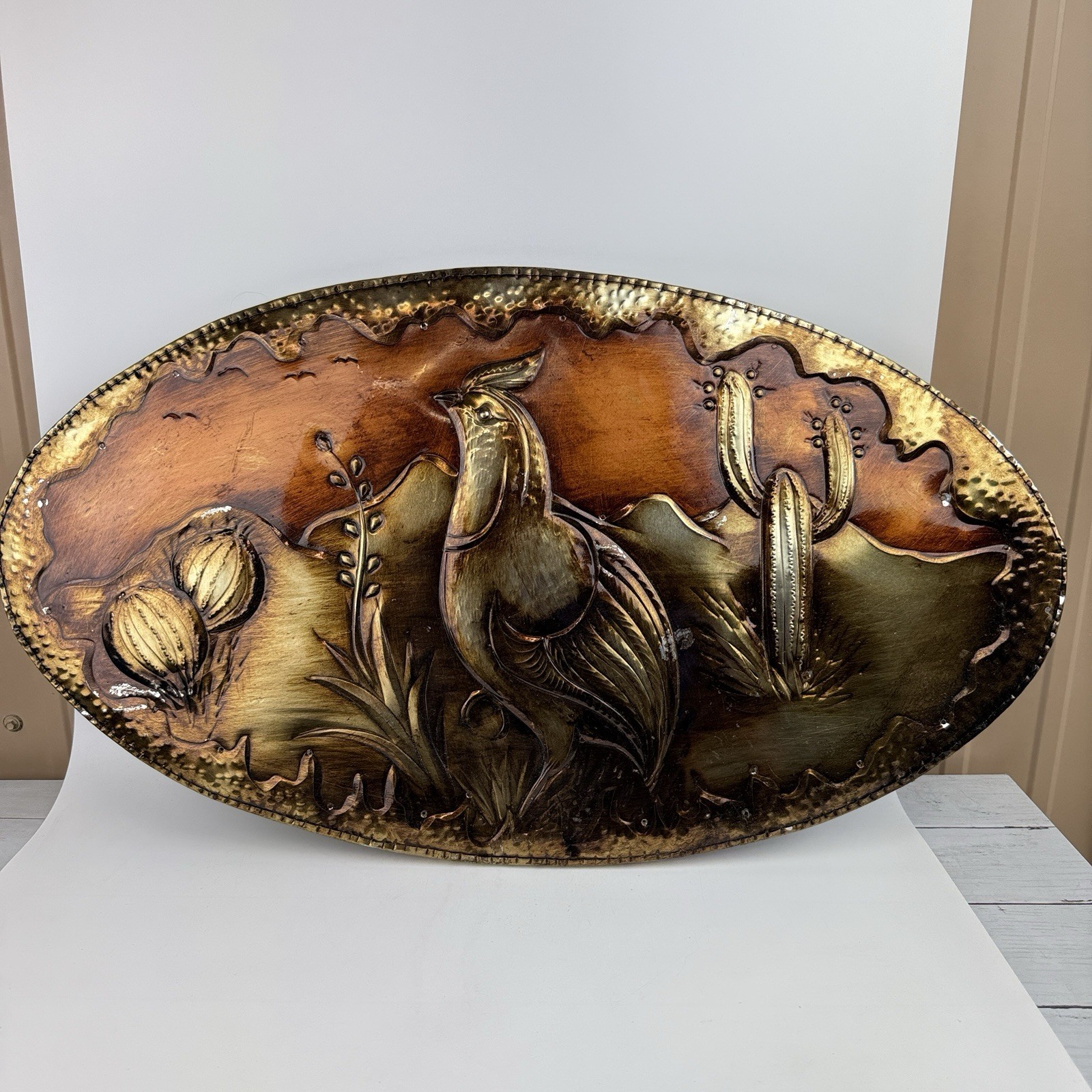 Vtg Hammered Metal Desert Scene Cactus Quail Bird Wall Art Handmade MCM 27” Vtg Hammered Metal Desert Scene Cactus Quail Bird Wall Art Handmade MCM 27”