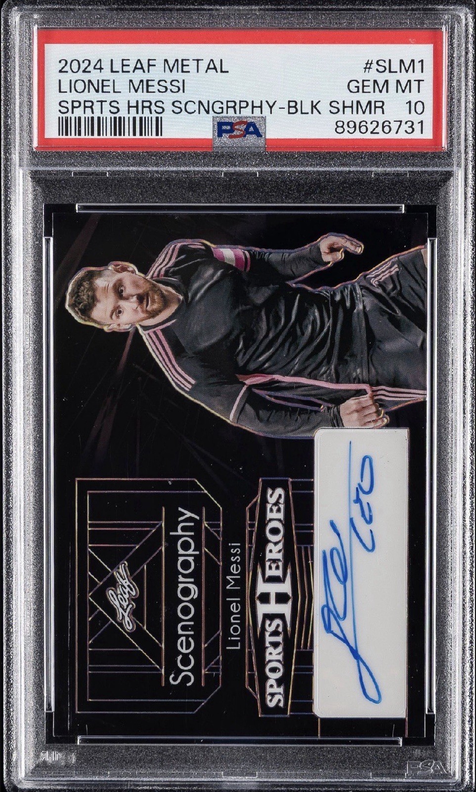2024 Leaf Metal Sports Heroes Lionel Messi Scenography Black Shimmer PSA 10 /9