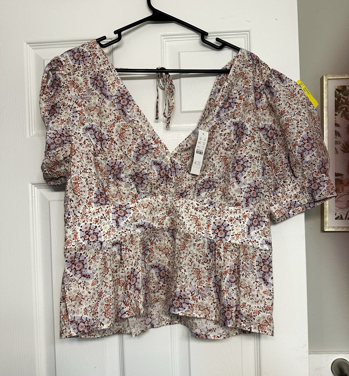 J.CREW Collection Floral V-Neck Puff Short Sleeve Tie Blouse Women’s 14