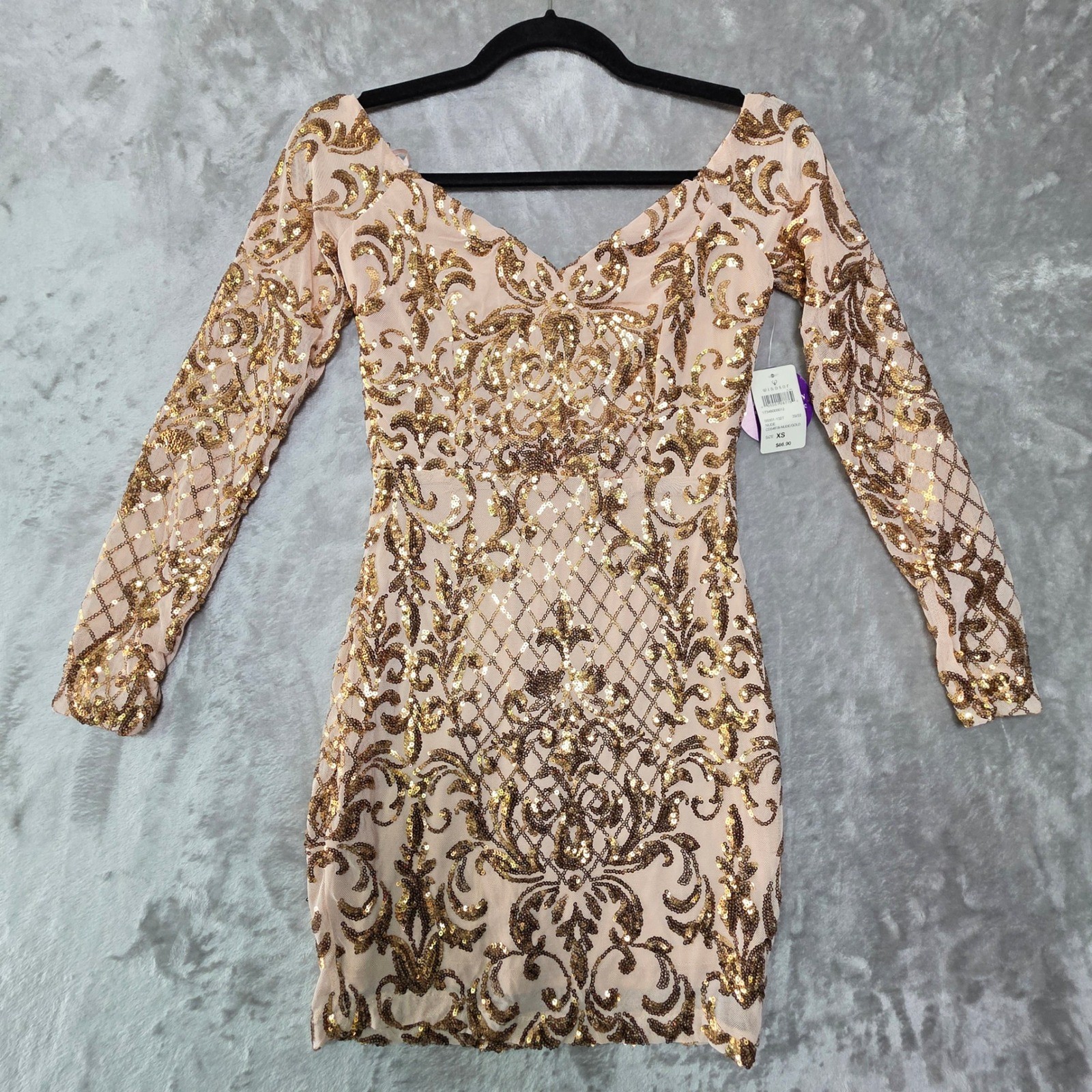 Windsor Nude Gold Sequin Damask Long Sleeve Mini Dress XS CD54618-NUDE/GOLD