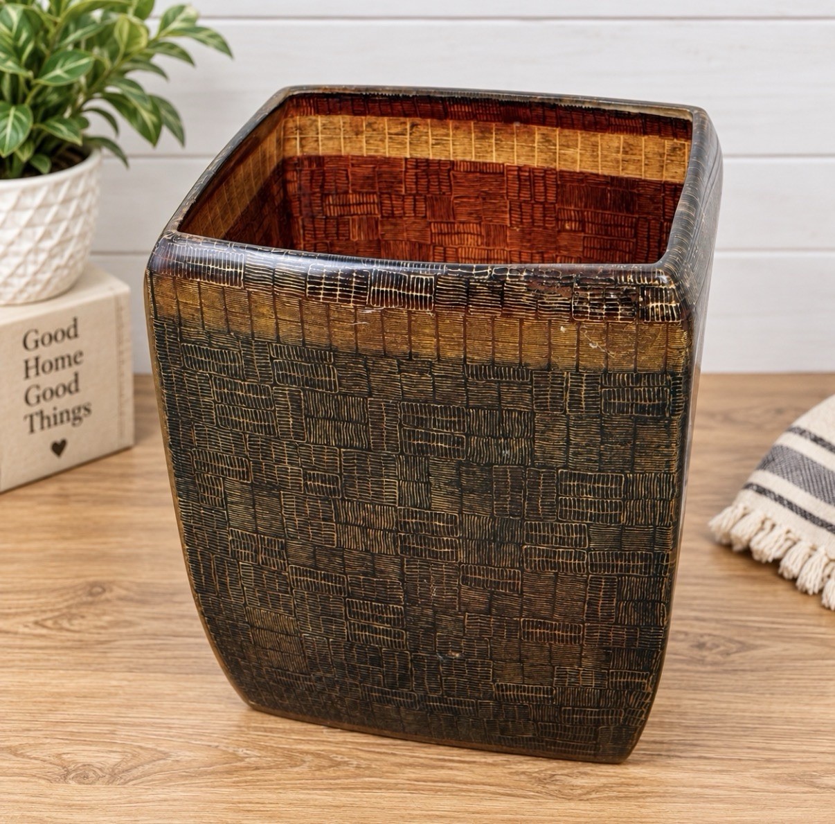 VTG MCM Amber Lucite Acrylic Trash Can Basket Weave Brown Great Condition