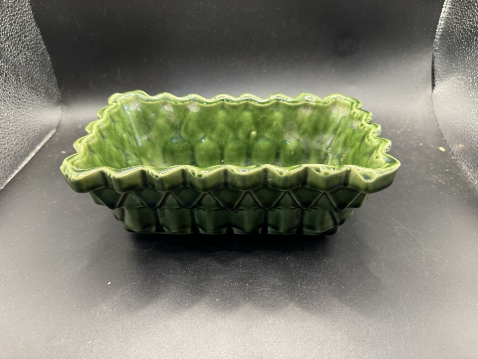 Vintage UPCO USA Green Ceramic Planter 101-7 Diamond Quilt Ruffled Edge Bowl