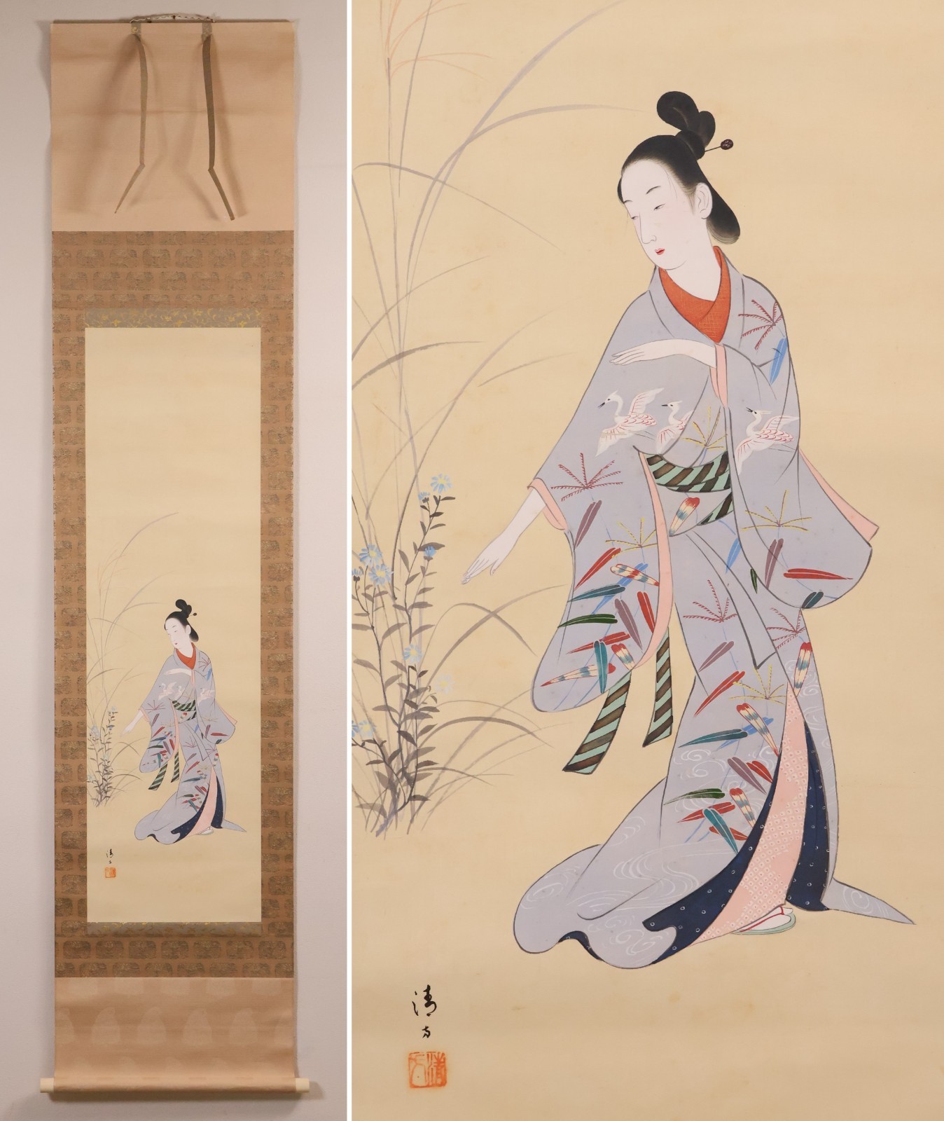 Japanese Hanging Scroll Hand Painted 'Beautiful Woman' KAKEJIKU By Kiyokata