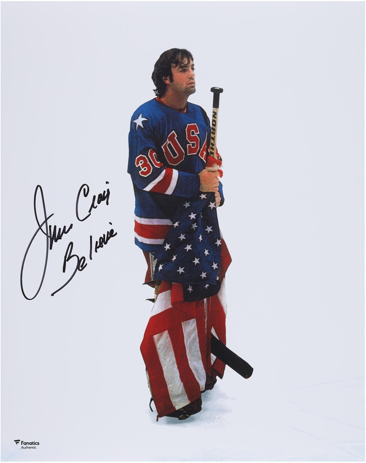 Jim Craig Team USA Signed 16x20 1980 Olympics Holding Stick & Flag Photo w/Insc