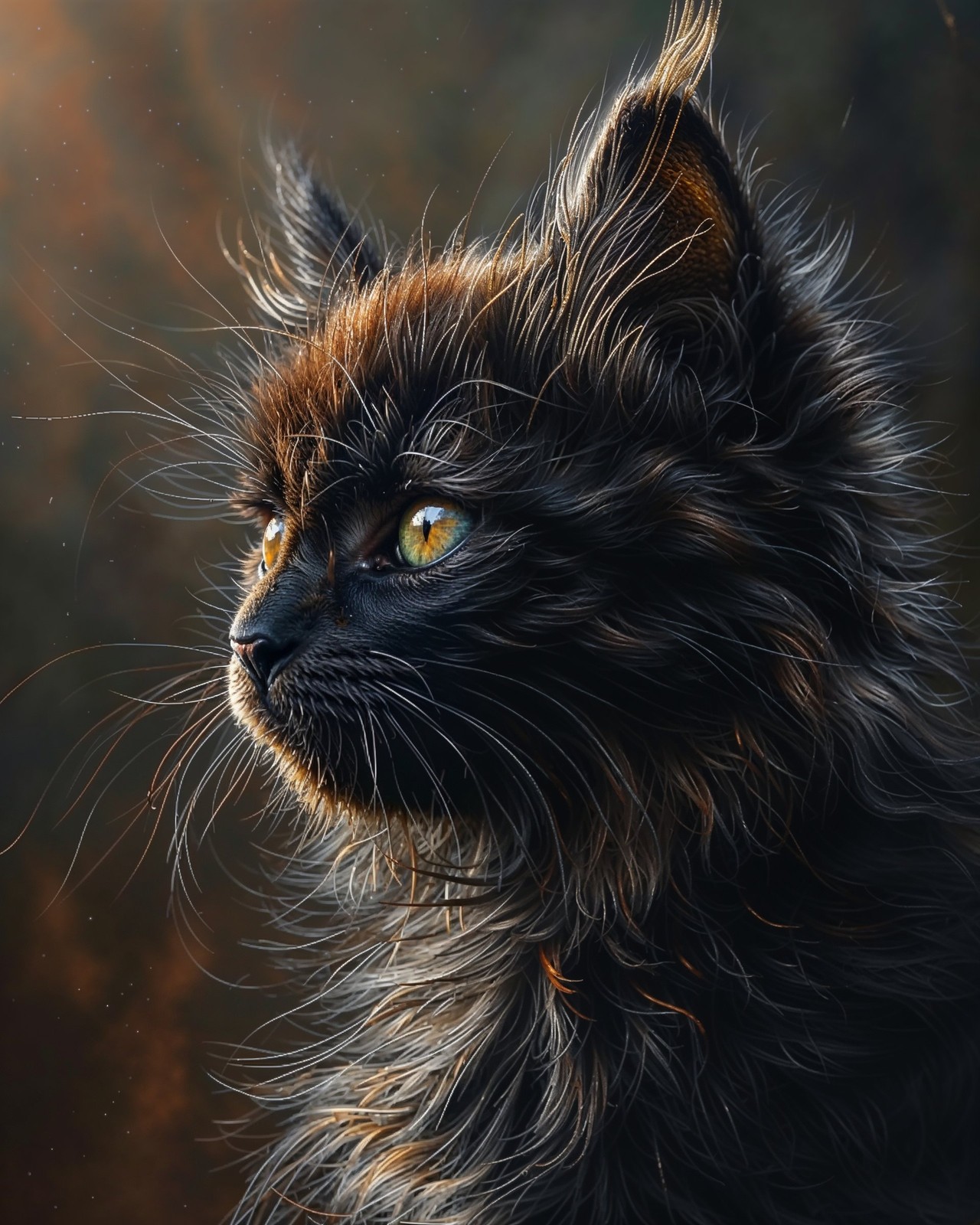 Golden-Eyed Black Longhair Cat Gazing Through Shadows Print - 21700727