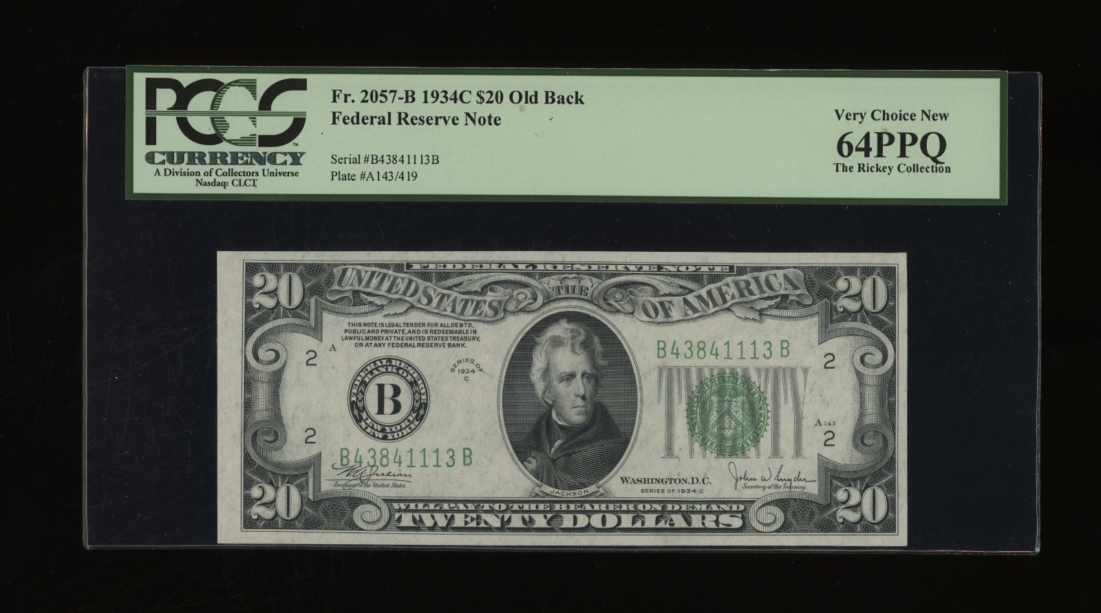 DBR 1934-C $20 FRN New York Old Back Fr. 2057-Bob PCGS 64 PPQ Serial B43841113B