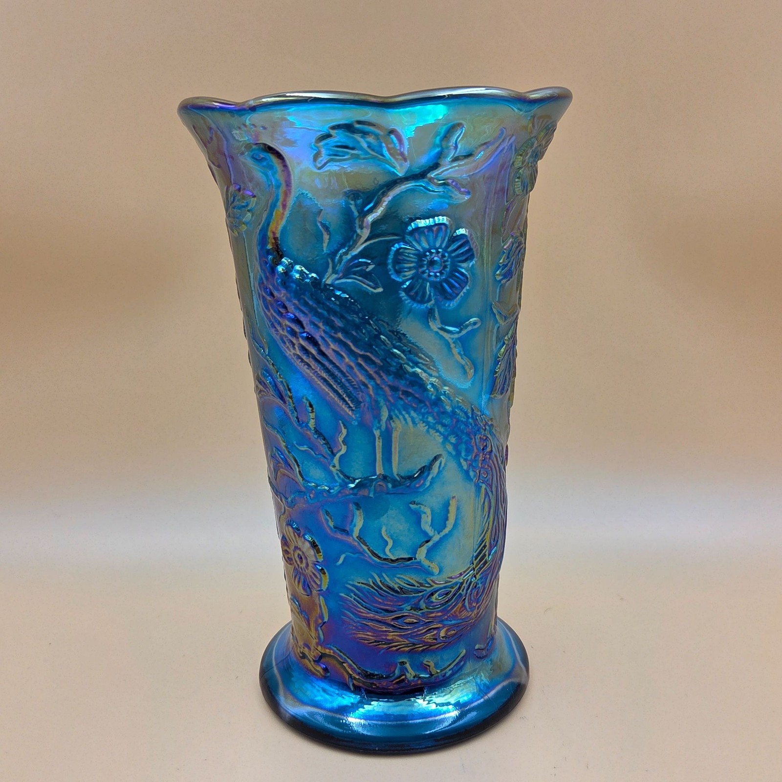 Fenton Collectors Club Aqua Blue Carnival Glass Peacock Footed Vase