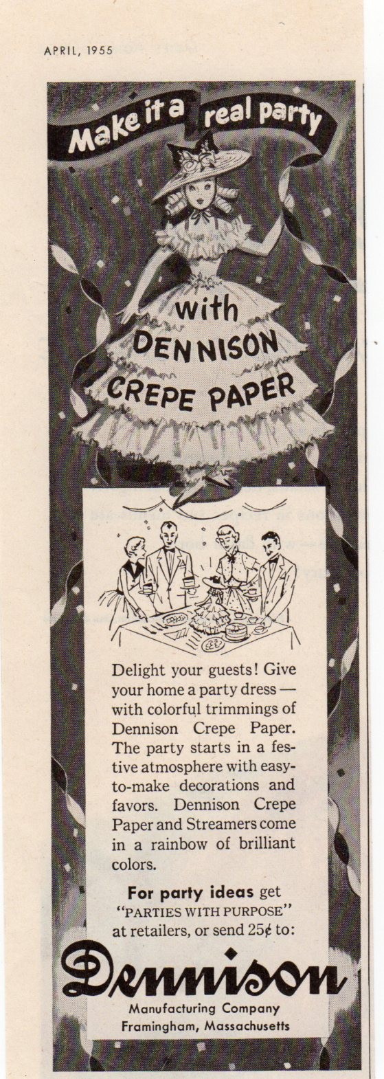 1955 Dennison’s Crepe Paper Party Supplies Streamers Decorations Mid Century ad