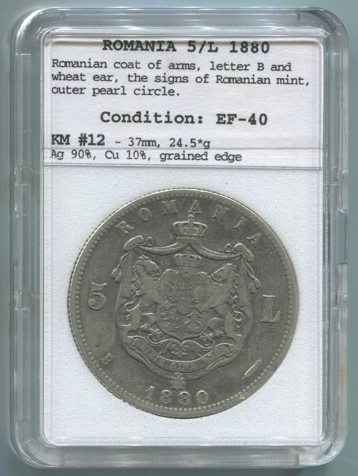 Romania  1880, 5 Lei silver coin KM#12, Carol I Domnul Romaniei, EF-40 slabed.