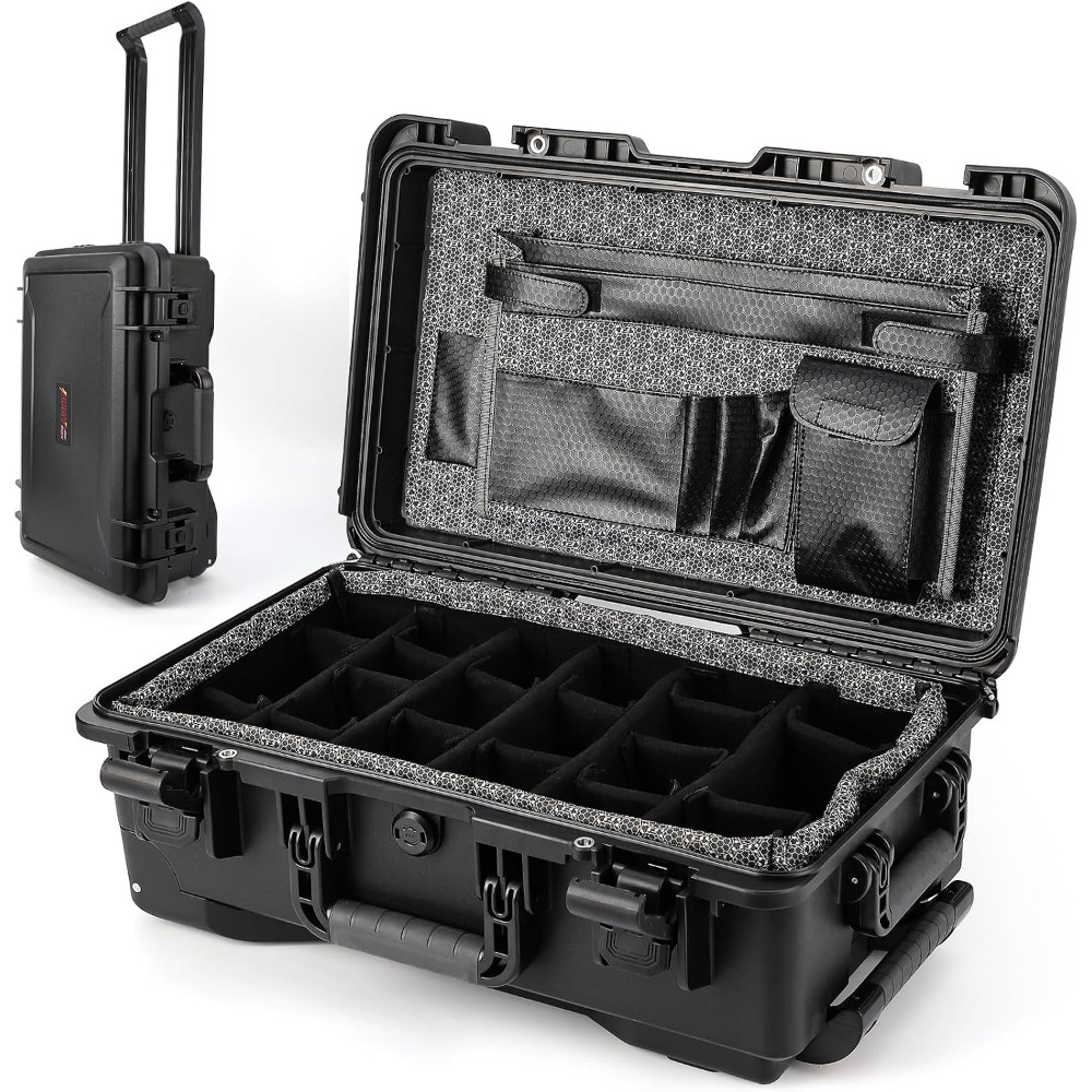 Waterproof Rolling Camera Case with Adjustable Dividers Lockable for Photo Gear Waterproof Rolling Camera Case with Adjustable Dividers Lockable for Photo Gear