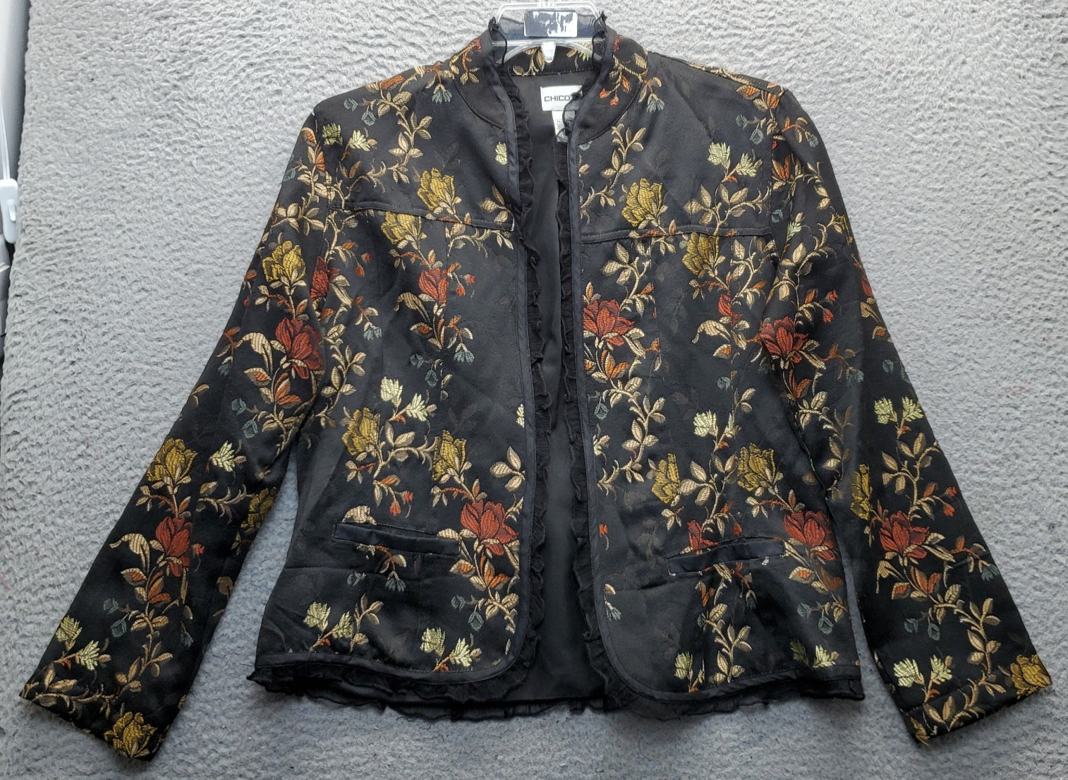 Chico\'s Open-Front Jacket Womens M Multi Embroidered Tapestry Floral Ruffle Trim Chico\'s Open-Front Jacket Womens M Multi Embroidered Tapestry Floral Ruffle Trim