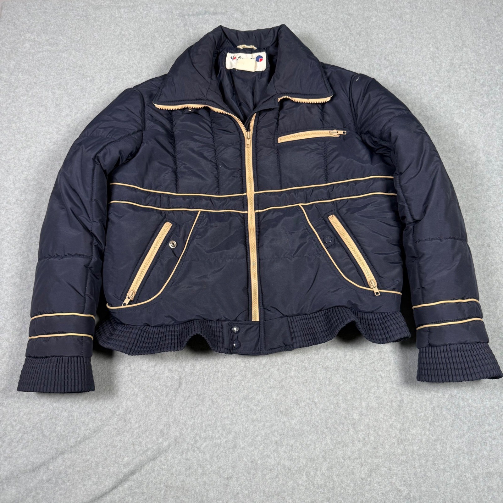 Vintage 80s Fusalp Navy Blue Quilted Ski Jacket Puffer Tan Trim Mens Small