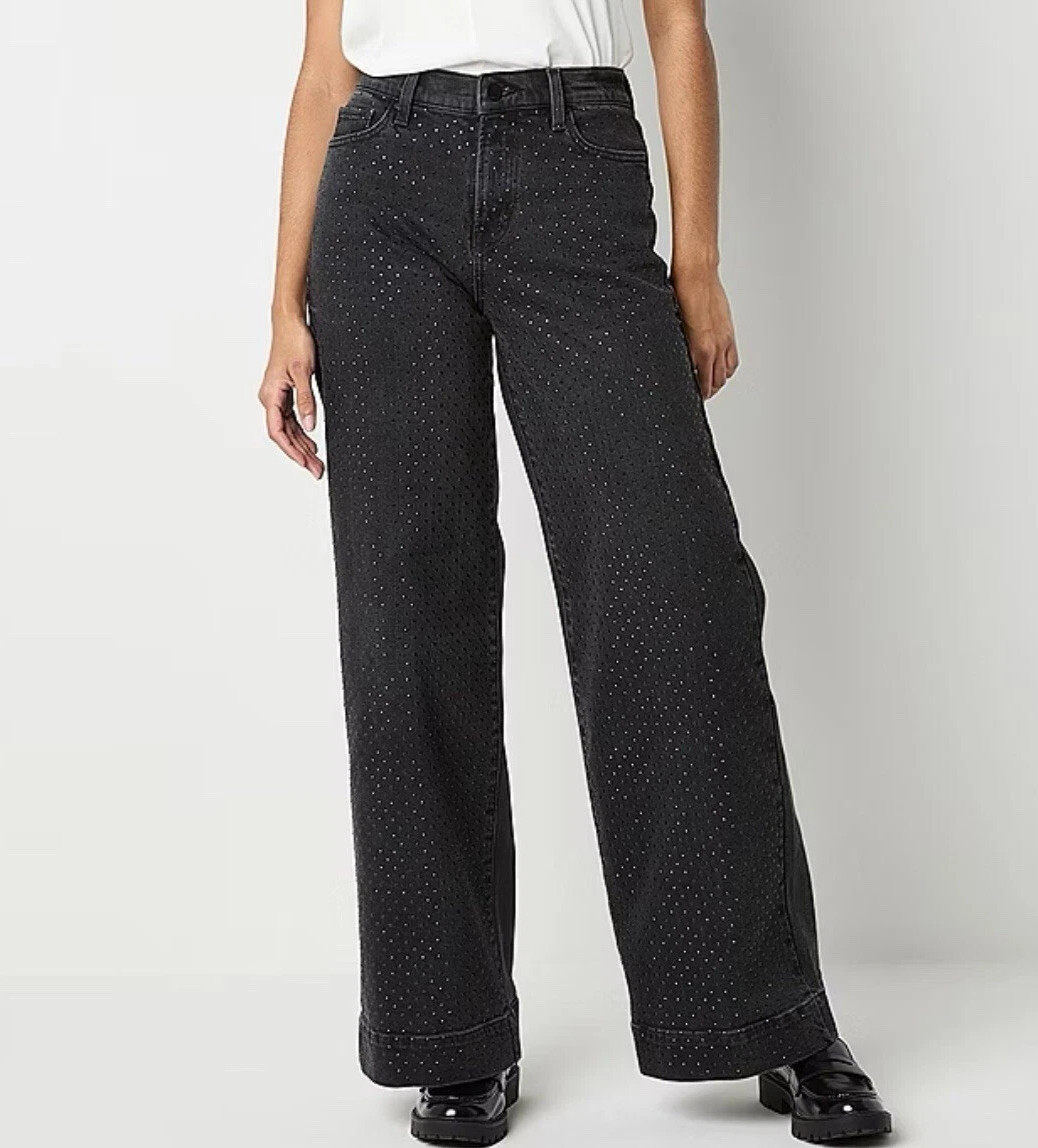 Ana Women\'s Embellished High-Rise Wide Leg Jean Size 8 Onyx Sparkle $88 Nwt