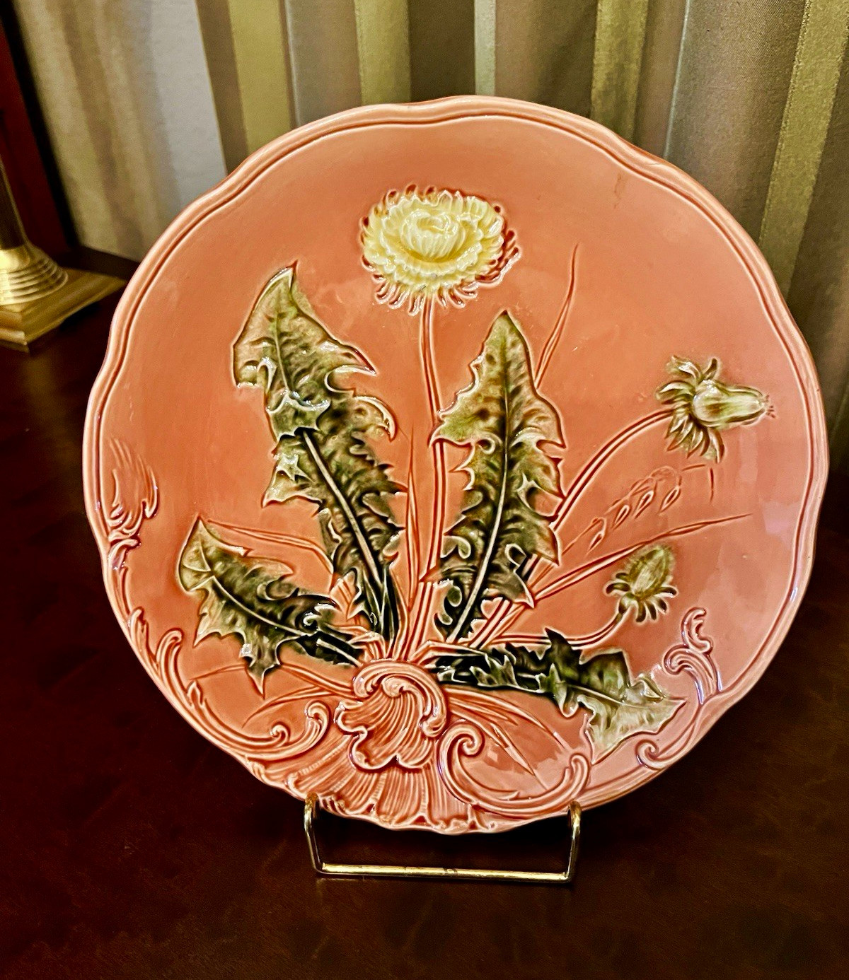 Antique GS Zell Baden Germany Majolica Dandelion Plate #722 Art Nouveau 9.25”