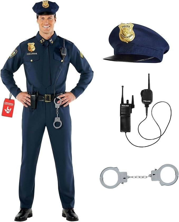 Men`s Police Officer Costume Adult Patrol Cop Uniform + Hat Accessories M - 3XL