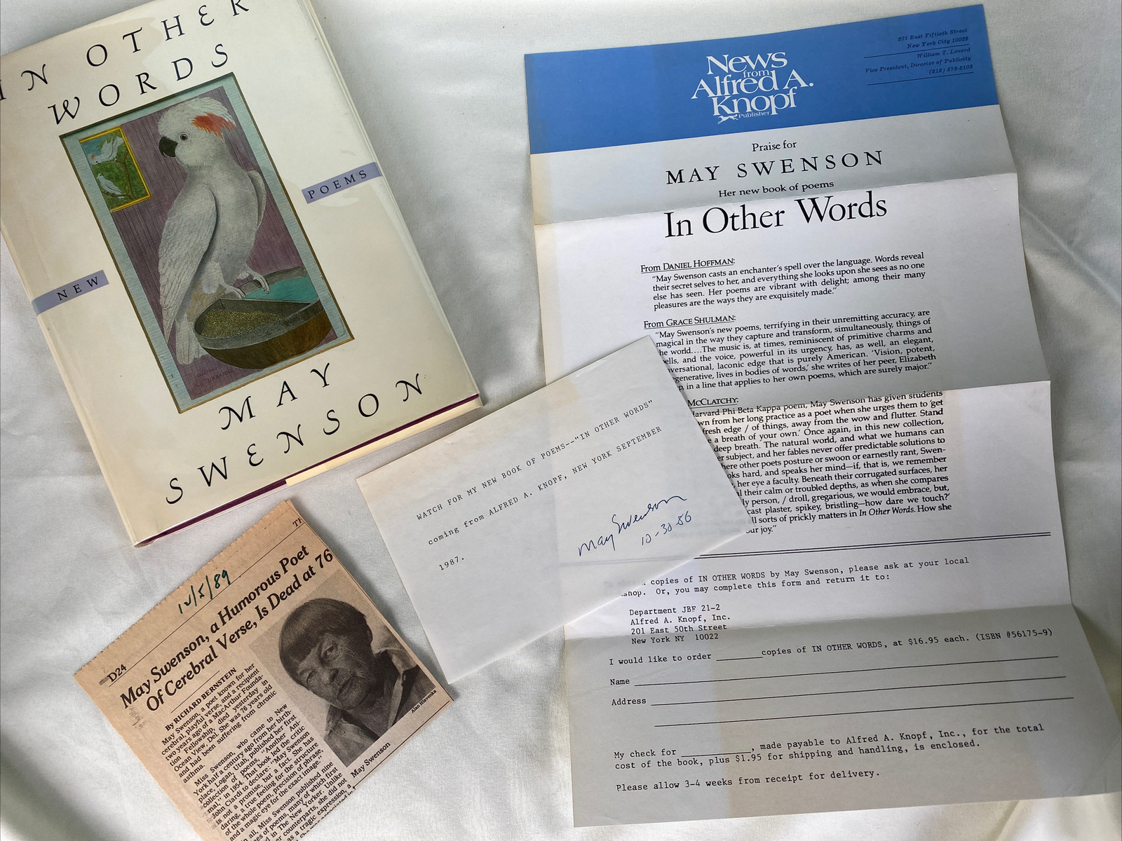 IN OTHER WORDS NEW POEMS BY MAY SWENSON NY 1987 1ST ED WITH 3 AUTOGRAPHS /SIGNED