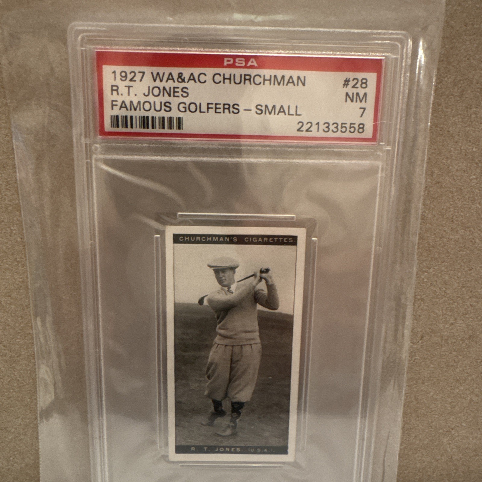 1927 WA & AC CHURCHMAN R.T JONES #28 Rookie Card FAMOUS GOLFERS-SMALL PSA 7 LPOP 1927 WA & AC CHURCHMAN R.T JONES #28 Rookie Card FAMOUS GOLFERS-SMALL PSA 7 LPOP
