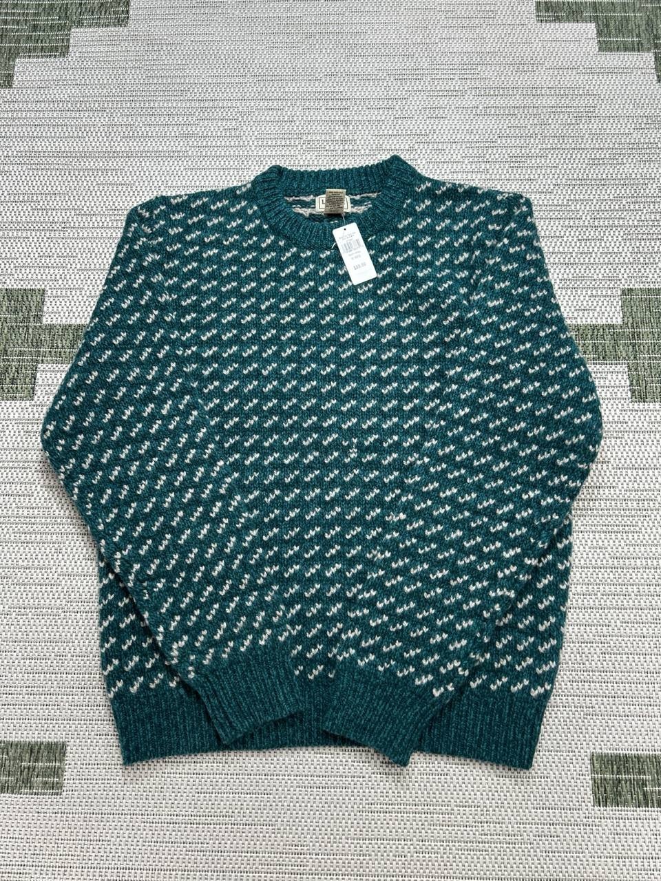 L.L.Bean Birdseye Sweater Mens Medium Green White Wool Knit Pullover New 