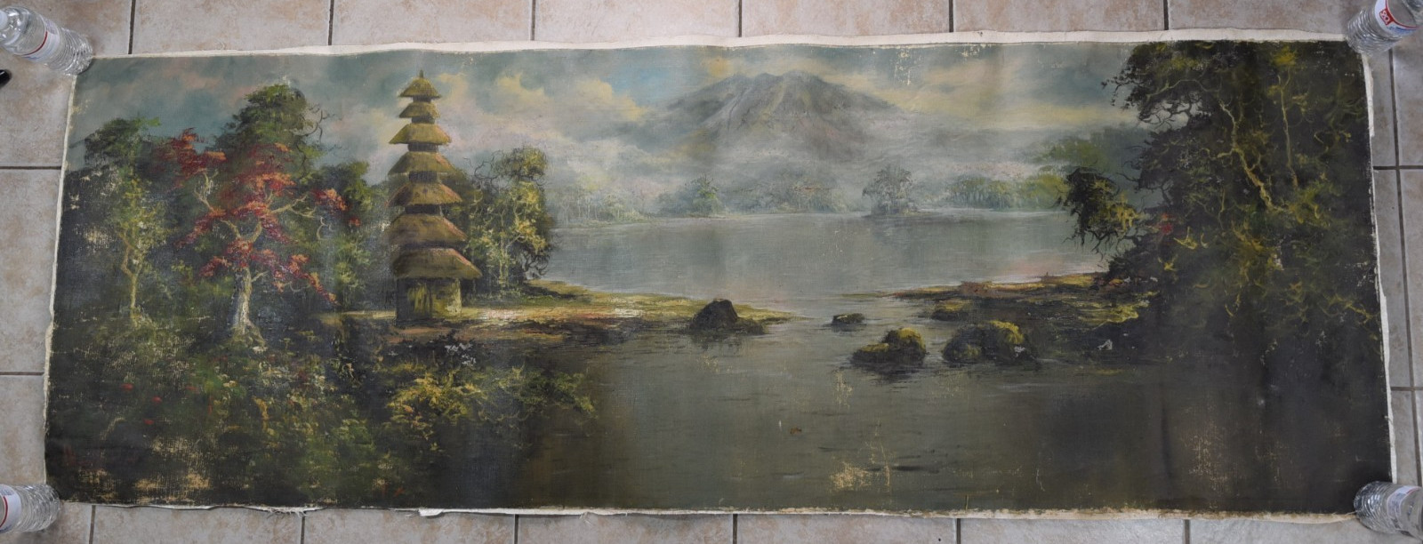 Vintage Balinese Original Art Painting Oil Canvas Panoramic Mountain Meru Tower