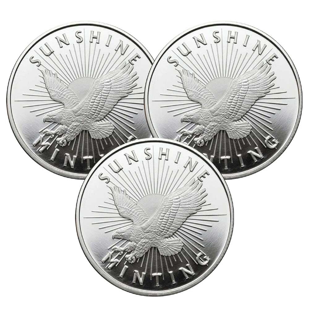 Lot of 3 - 1 Troy oz Sunshine Minting .999 Fine Silver Round Mint Mark SI Lot of 3 - 1 Troy oz Sunshine Minting .999 Fine Silver Round Mint Mark SI