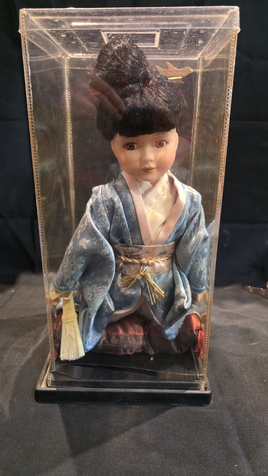 Vintage Porcelain Japanese Geisha Doll Blue Kimono Kneeling Red Cushion
